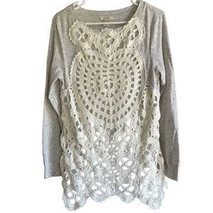 Sundance Top Womens M Crochet Front Long Sleeve Knit Gray Cream Multi Crew Neck